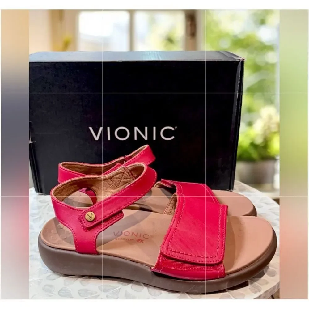 VIONIC Leather Awaken Recovery Supportive Adjustable Strap Sandals Flats Womens